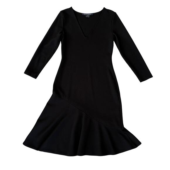 French Connection Black V Neck Midi Dress Flowy Hem Minimalist Chic Stretch - Picture 2 of 5
